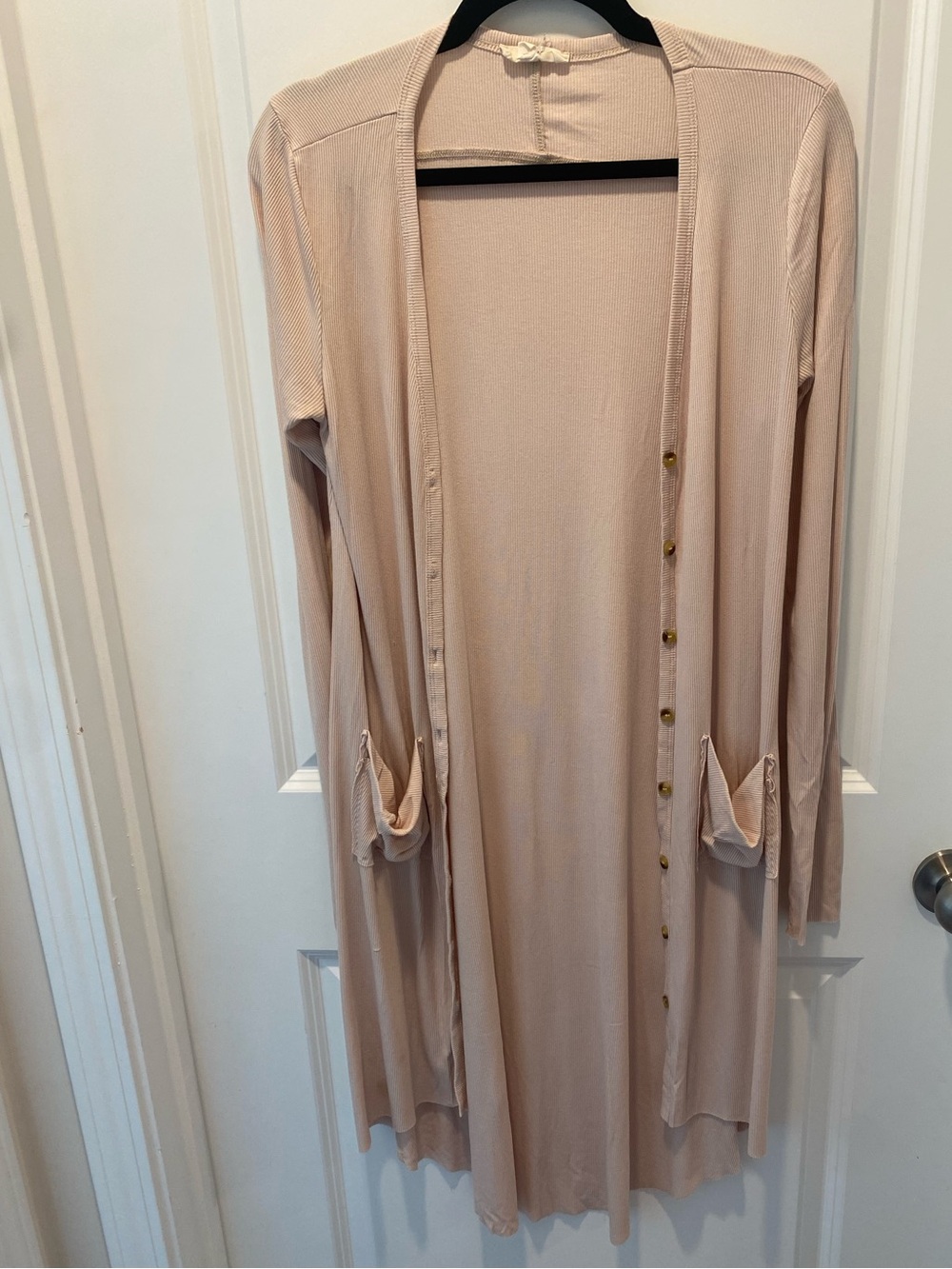 Kye Mi Long Duster Cardigan Light Beige Ribbed Snap Front Pockets Size Medium